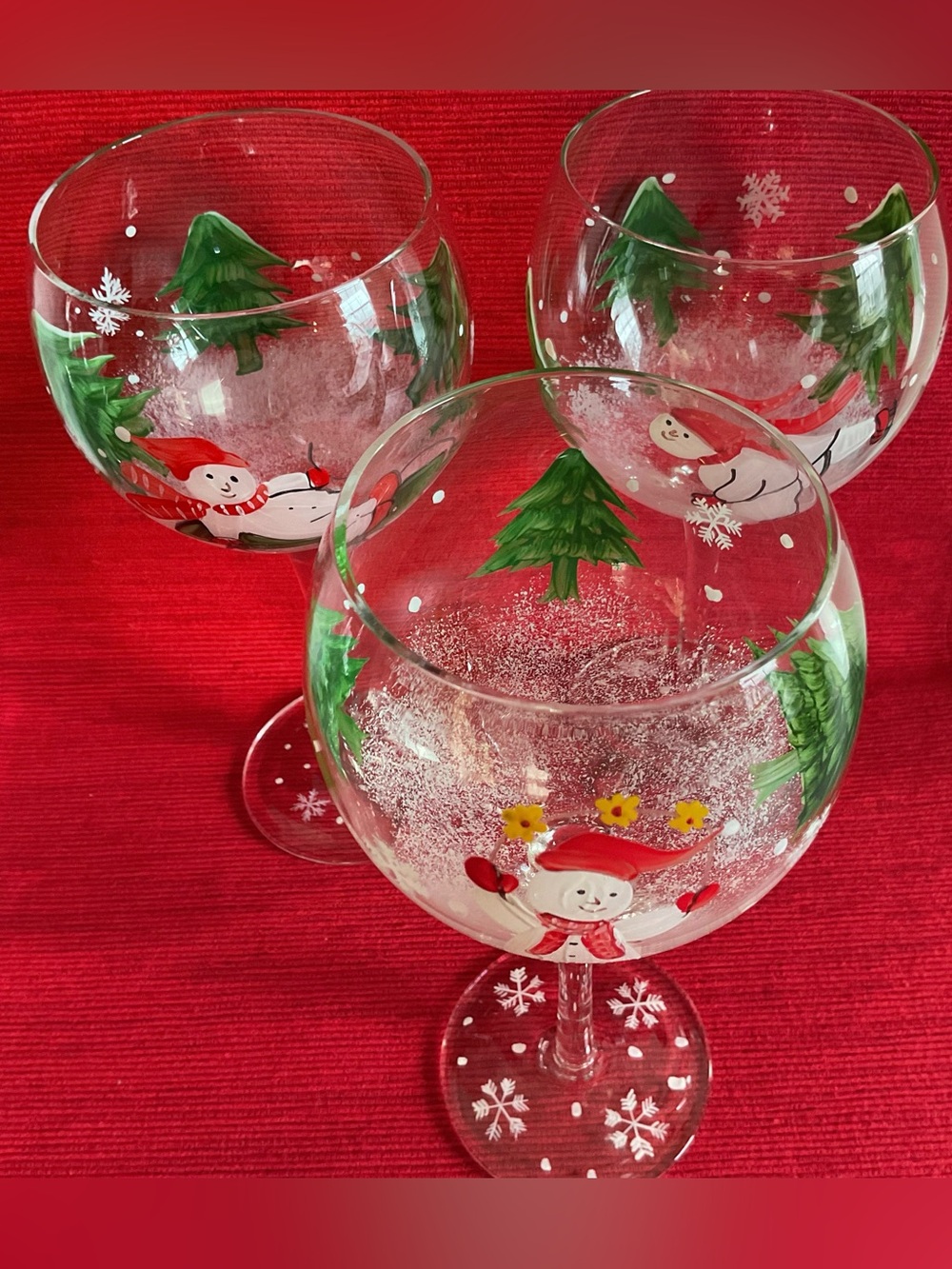 Artland Snowman Hand-Painted 8” Tall, 12 Ounce Balloon Wine Goblets, Set of 3